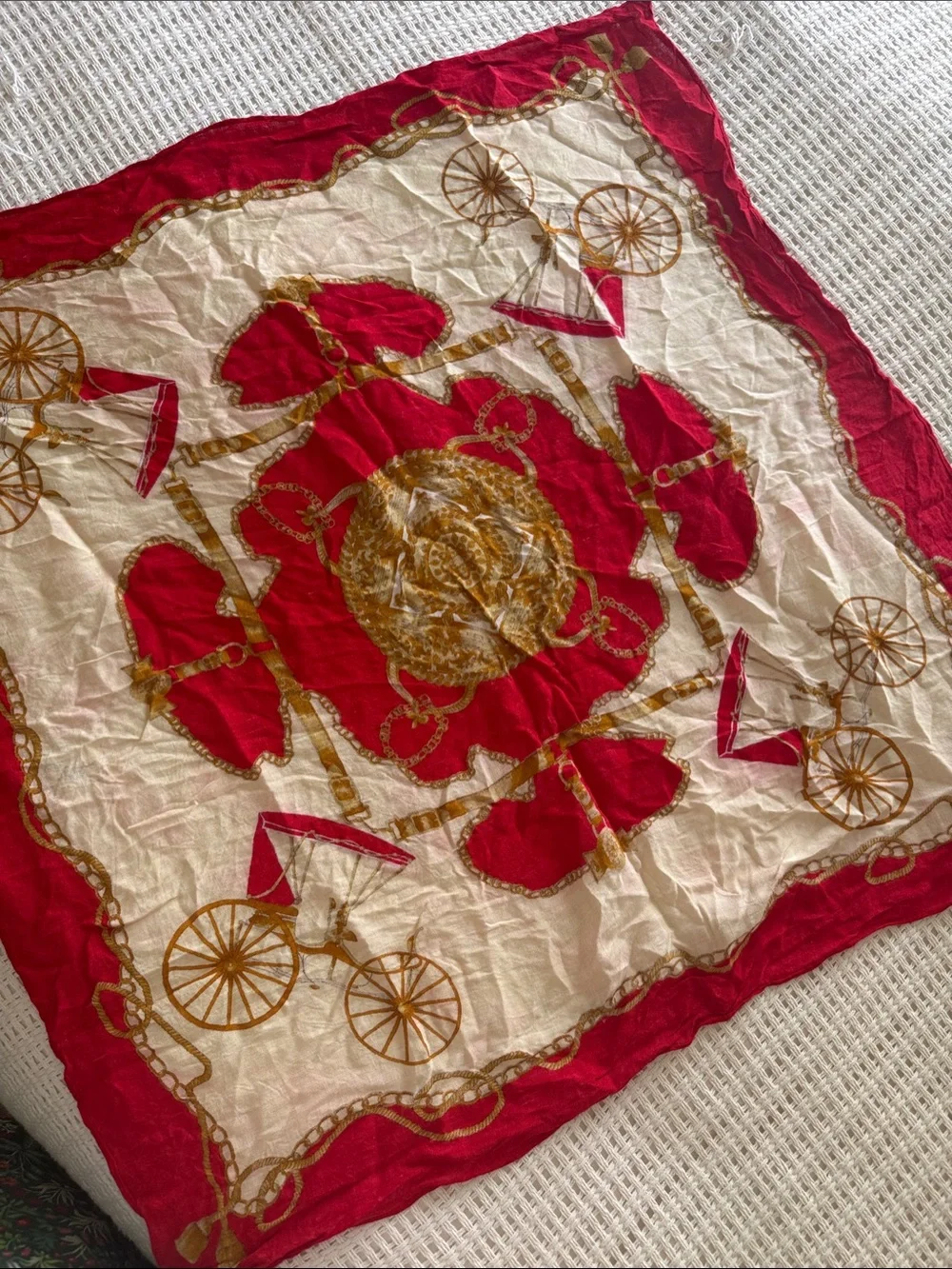 Red & Cream Vintage-Inspired Scarf with Gold Equestrian Motifs and scrolls